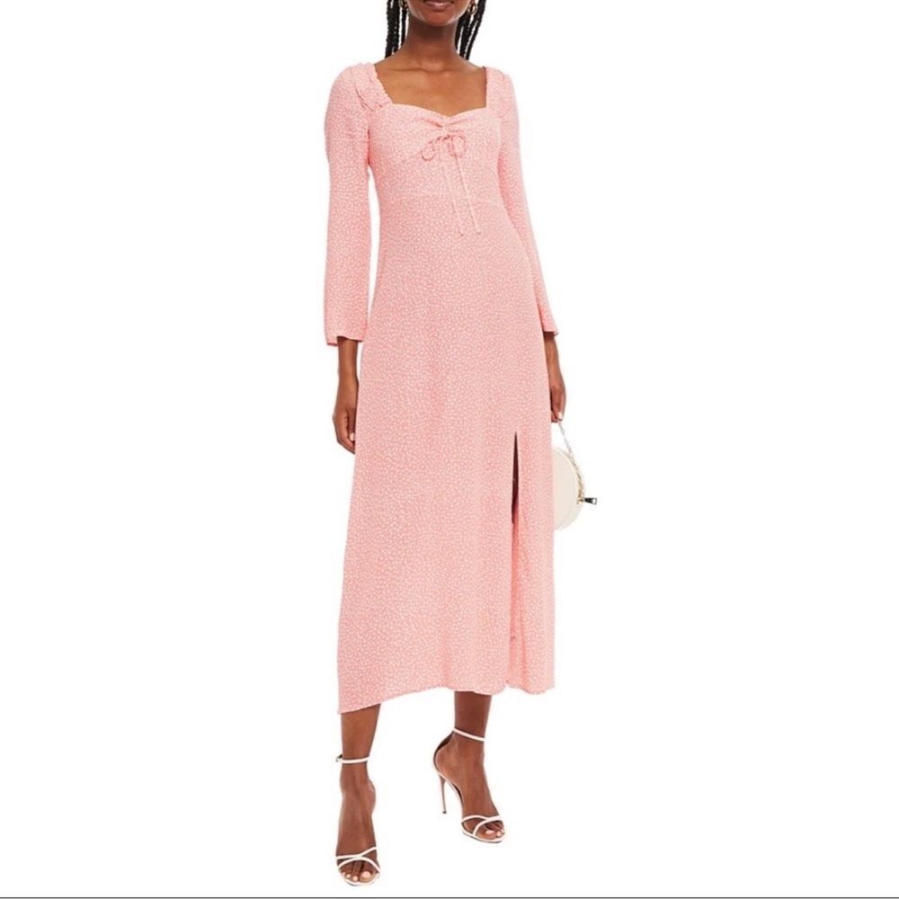 Rixo London Giselle Papaya Retro Micro Floral Crepe Midi Dress Pink